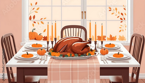 pastel illustration of Thanksgiving dinner table with turkey, pumpkins, candles, and autumn leaves
