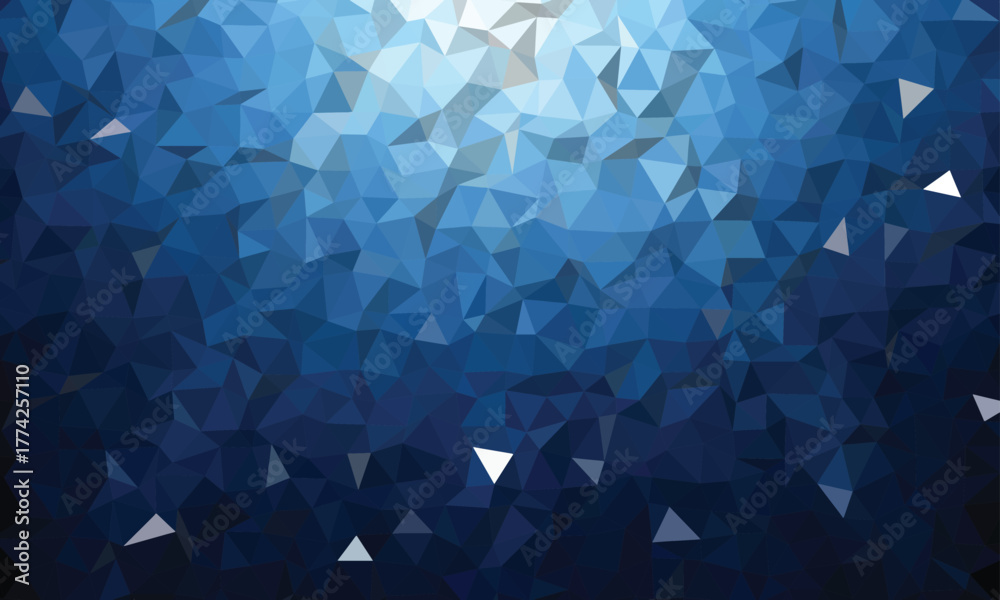 Fototapeta premium Deep blue geometric low poly gradient abstract background with bright light at top, digital art backdrop.