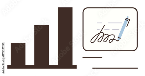 Bar graph indicating progress beside a digital signature and pen on a screen. Ideal for finance, technology, business, analytics, signing, approval, online progress. Simple flat metaphor