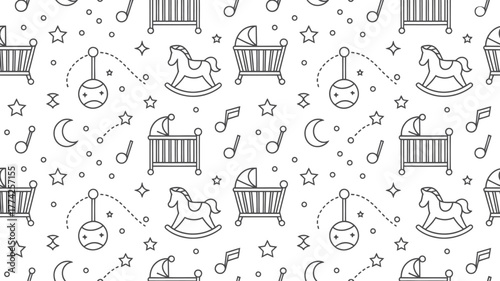 Whimsical baby nursery pattern featuring rocking horses, cradles, moons, stars, and musical notes for playful designs