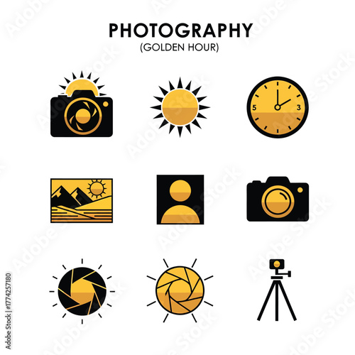 Golden camera symbols representing photography during golden hour are arranged on a white canvas, highlighting the beauty of light and time.