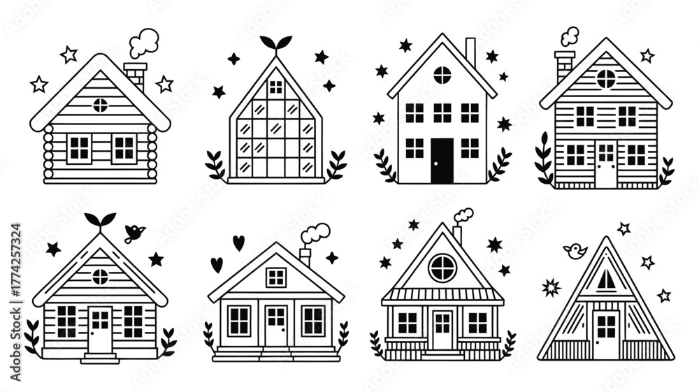 Obraz premium Charming collection of diverse, hand drawn doodle houses with whimsical stars and foliage, perfect for creating cozy, inviting designs