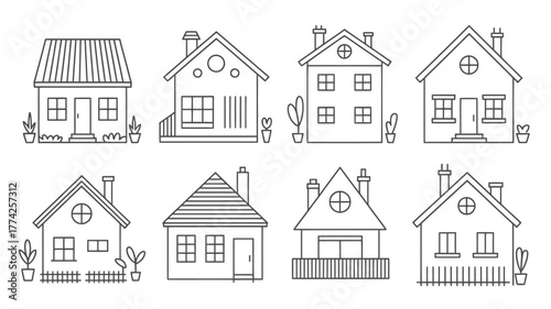 Charming collection of simple house illustrations, perfect for home design, real estate, or neighborhood concepts, offering a clean and modern aesthetic.