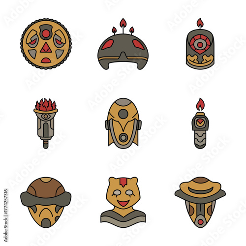 Collection of alien artifacts displayed on a white surface, showcasing intricate details and a mysterious, otherworldly theme.