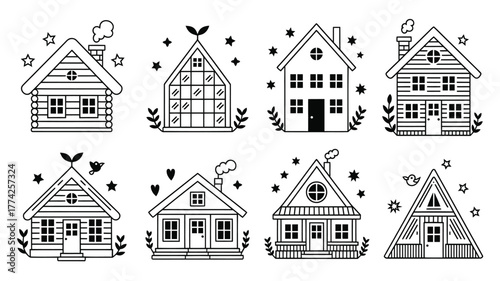 Charming collection of diverse, hand drawn doodle houses with whimsical stars and foliage, perfect for creating cozy, inviting designs
