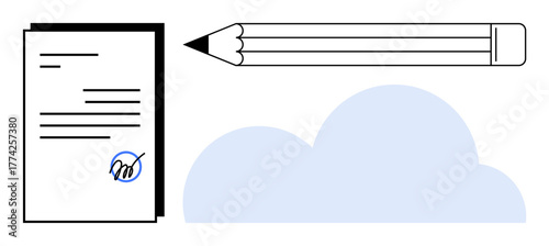 Document with signature, pencil, and cloud, symbolizing agreement, creativity, cloud storage, collaboration, remote work data sharing and digital solutions. Ideal for simple flat metaphor