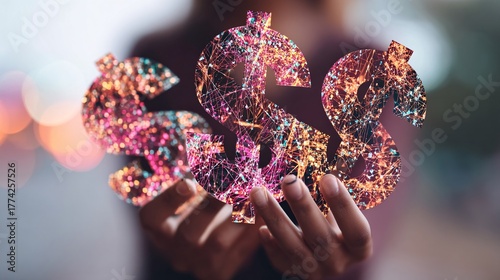 exposure of hand holding four-sided money symbols merged with digital network background expressing connection between technology, finance, and youth innovation with copy space hand, holding, 