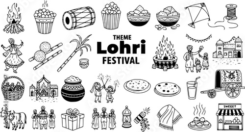 Lohri Festival Doodle Set: Hand-Drawn Icons of Bonfire, Sweets, Dance, Kite  Traditional Celebration Elements
