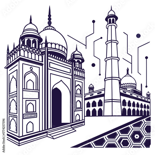 Taj mahal with minaret and dome, a symbol of islamic architecture on