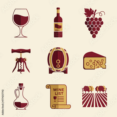 Wine collection featuring glass, bottle, grapes, corkscrew, barrel, cheese, decanter, wine list, and vineyard represents the art of winemaking and tasting, perfect for connoisseurs.