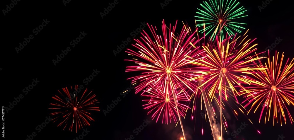 Fototapeta premium Vibrant exploding fireworks, colorful bursts against night sky, holiday, fireworks