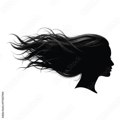 Captivating silhouette of a woman's profile with flowing black hair caught in a dynamic wind
