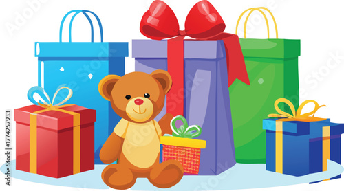 A cheerful teddy bear sits among colorful gift boxes with ribbons