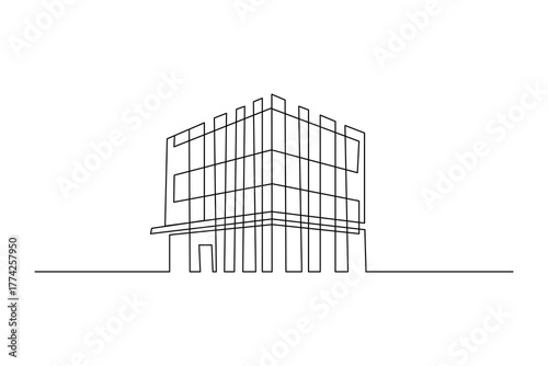 Urban office tower, continuous one line vector art, minimalist style
