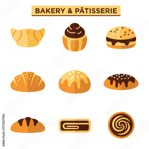 Pastries and breads displayed neatly in bakery showcase, tempting customers with their sweet aromas and delightful appearance, creating a cozy atmosphere.