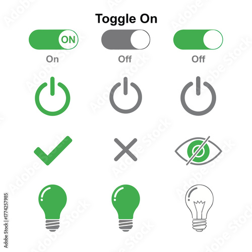 Toggle switches and symbols representing on and off states for user interface elements, indicating power, visibility, and selection in a clean and modern style.