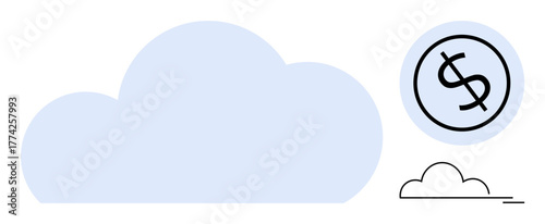 Large cloud graphic with dollar sign in a circle and a smaller cloud. Ideal for technology, finance, cloud storage, cost efficiency, SaaS, digital economy, simple flat metaphor