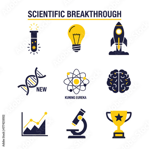 Scientific symbols representing discovery and innovation arranged against a clean white backdrop, symbolizing progress and advancement in a modern, minimalist style.