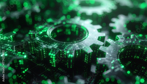Digital gears technology concept with binary code and green light for engineering use