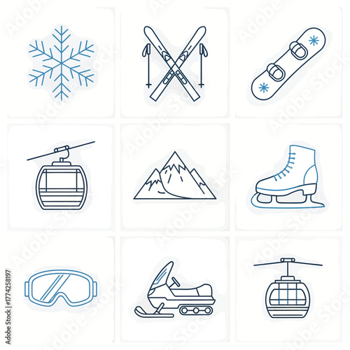 Winter sports equipment arranged neatly on white squares, showcasing a variety of recreational activities in a minimalist style.