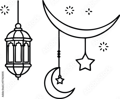 Elegant ramadan decoration with a crescent moon star and ornate lantern