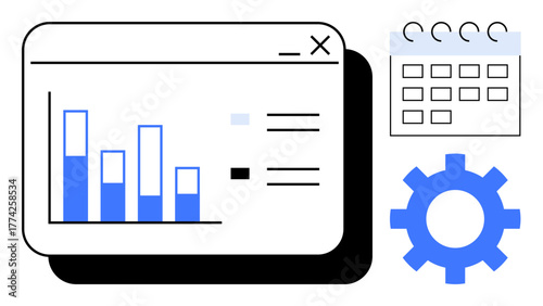Bar chart within browser window, calendar, gear icon implying analytics, scheduling, and system setup. Ideal for project management, planning, analytics, scheduling optimization data analysis