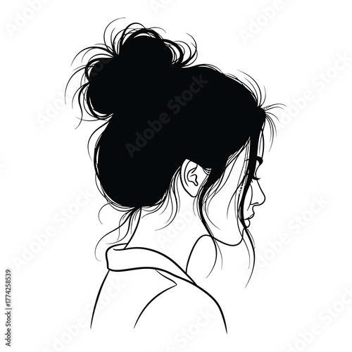 Elegant silhouette of a woman with a messy bun hairstyle, showcasing modern beauty and effortless style in a minimalist design.