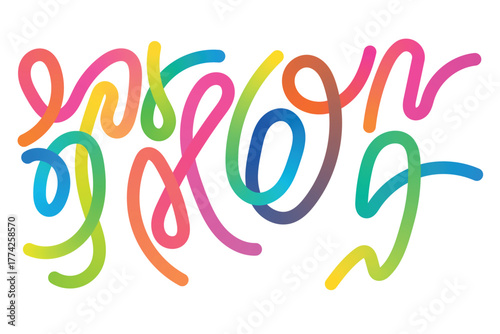 Abstract Color Gradient Lines Pattern. Showcasing vector wave 3D graphic shapes with gradient. Organic rainbow wavy ribbons and fun kid doodle color gradation lines ideal for trendy backgrounds.