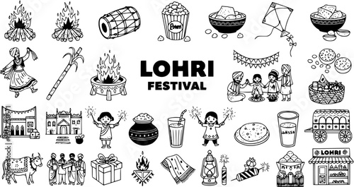 Diverse Lohri Festival Hand-Drawn Icons: Bonfires, Dhol Drum, Kite, Food, Family, and More