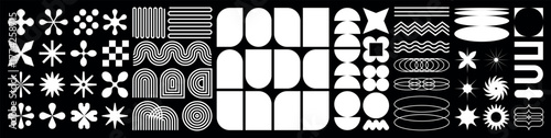 Abstract geometric black and white Y2K shapes and icons. Geometric pattern set element in mid-century minimal simple style. Brutal modern contemporary figure. Swiss design aesthetic Striking starburst