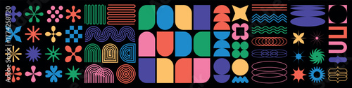 Abstract geometric shapes and icons. Flat vector basic form, colorful futuristic design graphic. Brutalism groovy figure. Brutal groovy modern contemporary style. Swiss vibrant designs aesthetic