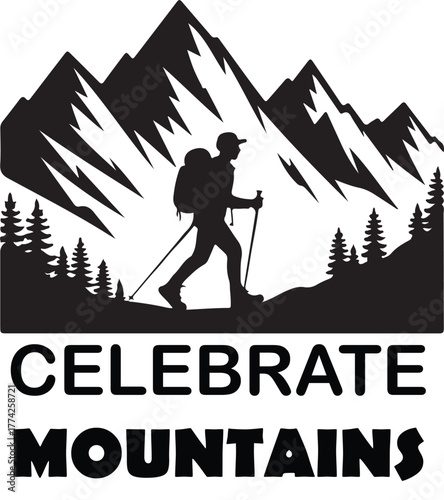 Silhouette of a hiker with backpack and poles against mountain and trees