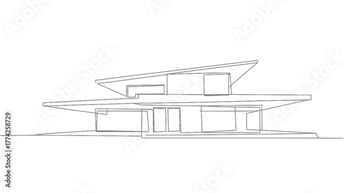 Modern architectural sketch of a sleek, multi-level home with sharp angles and expansive windows, perfect for design inspiration