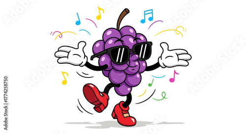 Dancing Grape Mascot Wearing Sunglasses, Cartoon Illustration of a Fun Grape Character