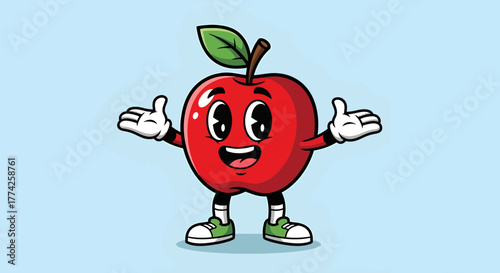 Cheerful red apple fruit character mascot with a happy smiling face and open arms. A cute and friendly cartoon vector illustration