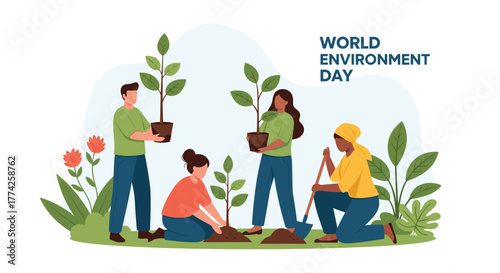 Diverse group of people collaboratively planting trees and gardening, promoting environmental sustainability and celebrating World Environment Day.