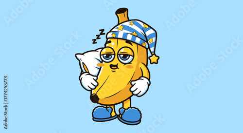 Tired Cartoon Banana Character Wearing Pajamas and Sleepy Hat Holding Pillow, Ready for Bed