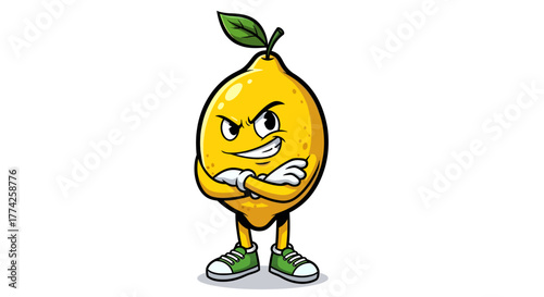 Tough lemon fruit character mascot with a confident and angry look, standing with arms crossed in a vector illustration