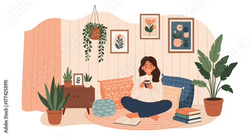 A serene young woman unwinds in her plant-filled, cozy living space, enjoying a hot drink and reading a book on the floor.