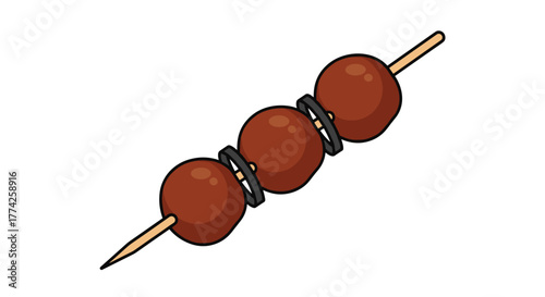 An illustration of three savory brown meatballs and black rings on a wooden food skewer, ready to be enjoyed as a snack or appetizer.