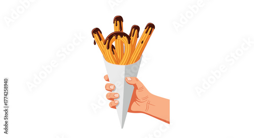 A hand holding a paper cone filled with golden churros, some shaped as loops, generously drizzled with rich melted chocolate sauce, a delicious sweet treat.