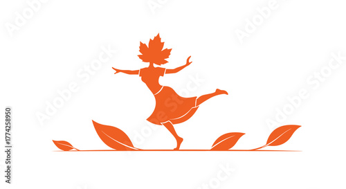 A joyful, free-spirited woman with a maple leaf head dances among autumn leaves, embodying the vibrant energy of the fall season.