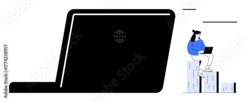Woman working on a laptop while sitting on bar graph next to a large silhouette of a laptop. Ideal for technology, growth, analysis, innovation, productivity, business, and education. Minimalistic