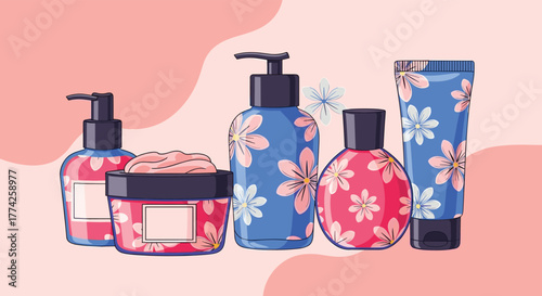A charming illustration showcases a variety of personal care and beauty products in vibrant floral-patterned bottles and jars on a soft pink background.