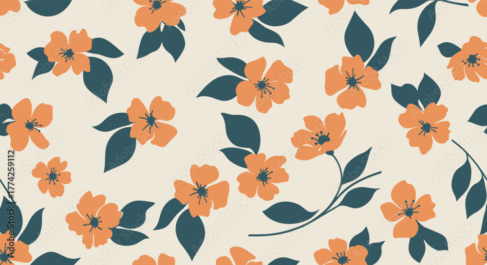 Fototapeta premium Seamless pattern with scattered orange flowers and dark green leaves on a light cream background, creating a cheerful and natural botanical design.