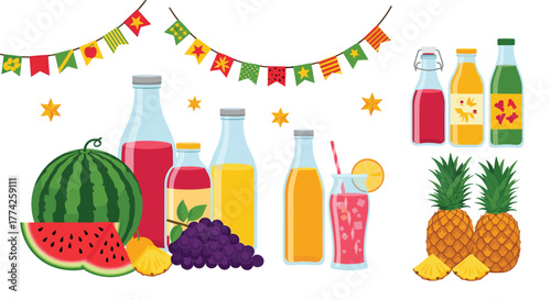 Refreshing summer drinks and fresh fruits with festive banner decorations.