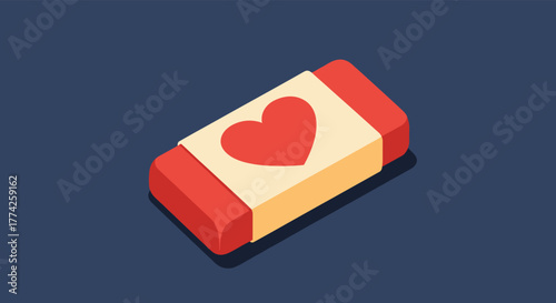 An isometric illustration of a red eraser with a beige wrapper featuring a red heart, symbolizing the act of removing or forgetting love.