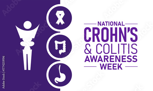 Crohns and Colitis Awareness Week Poster Banner and Background Abstract Design Template with Purple Ribbon and Intestine Illustration for Digestive Health Awareness Education and Medical Support 