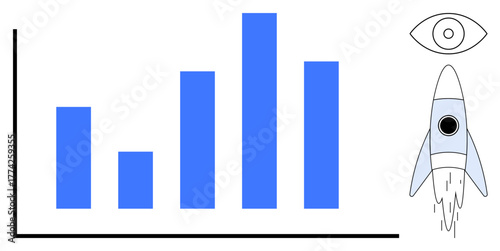 Blue bar graph showing growth, rocket symbolizing innovation, and eye representing vision. Ideal for business strategy, analytics, progress tracking, innovation, ambition vision success. Simple