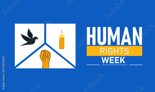 Human Rights Week Poster Banner and Background Abstract Design Template Featuring Raised Hands and Globe Illustration for Equality Freedom Justice Social Awareness and Community Support Campaign
